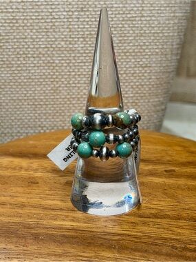 3 Genuine 925 Sterling Silver Desert Pearl and Turquoise Beaded Stretchy Rings